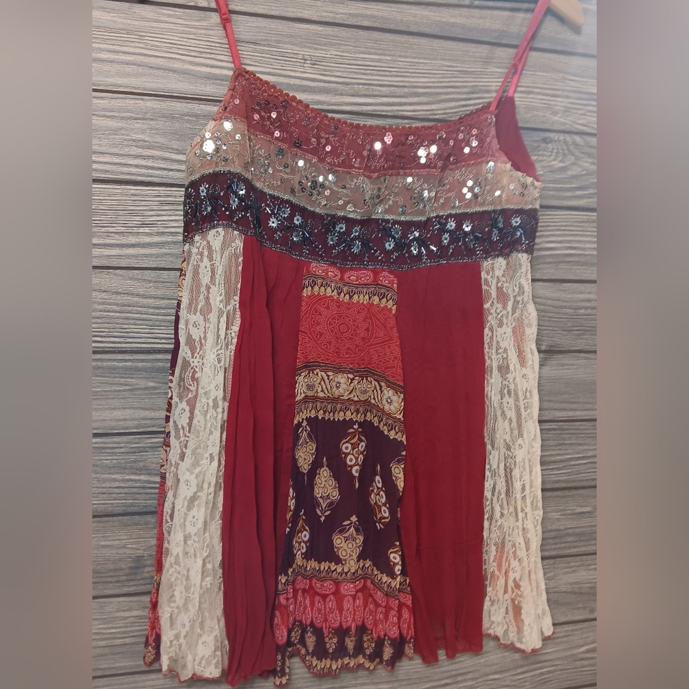 VTG VANITY Y2K FAIRY SEQUIN COTTAGECORE PATCHWORK LACE TANK TOP SIZE LARGE